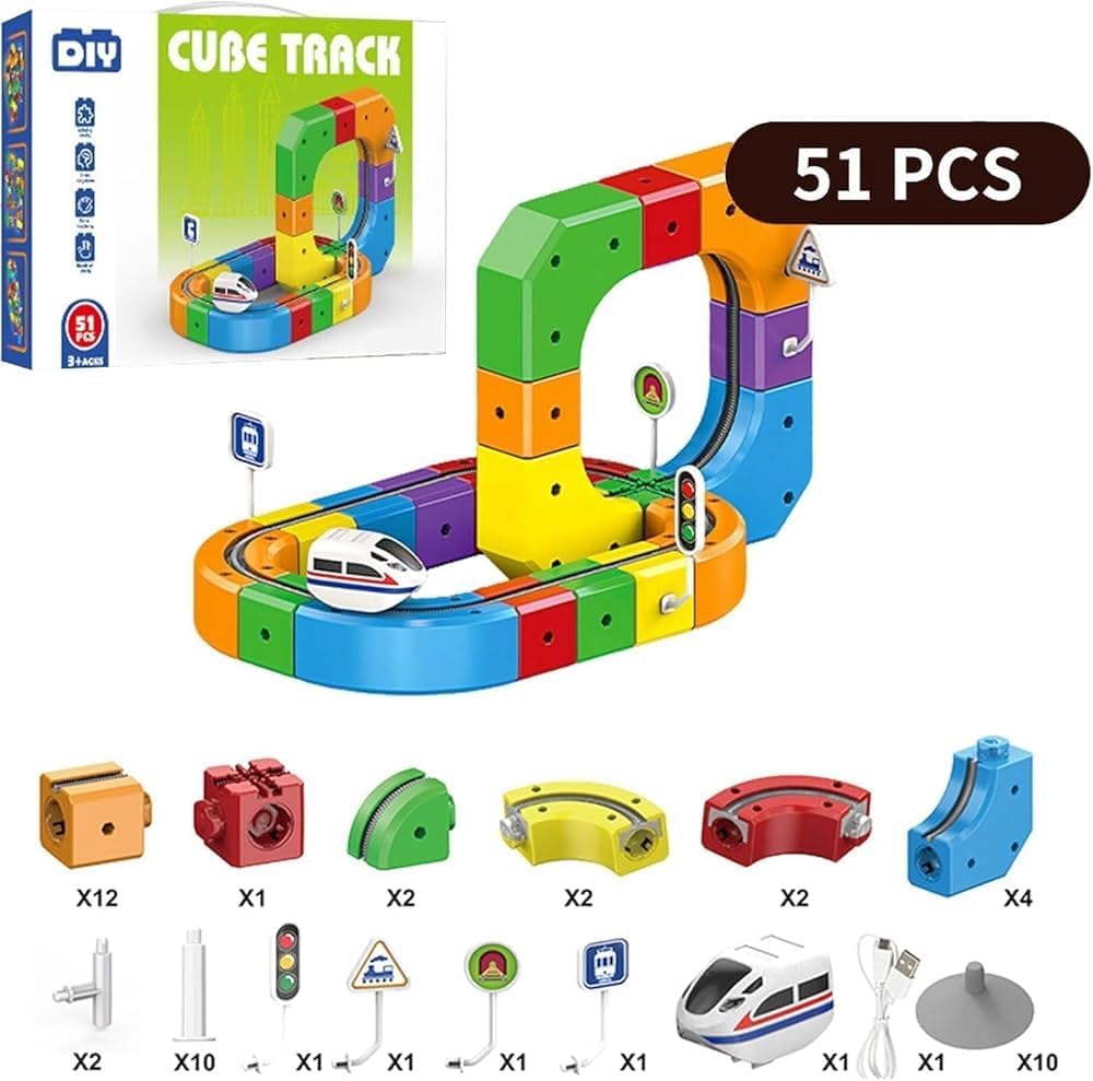 51 Pcs Track Fusion Train, Fun STEM Anti Gravity Race Track & Rail Cube Monorail