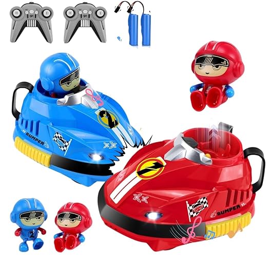 Set of 2 RC Bumper Cars with Ejectable Robots, LED and Rechargeable Battery, Interactive Toy for Children Boys and Girls