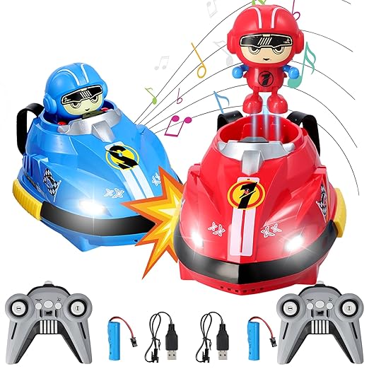 Set of 2 RC Bumper Cars with Ejectable Robots, LED and Rechargeable Battery, Interactive Toy for Children Boys and Girls