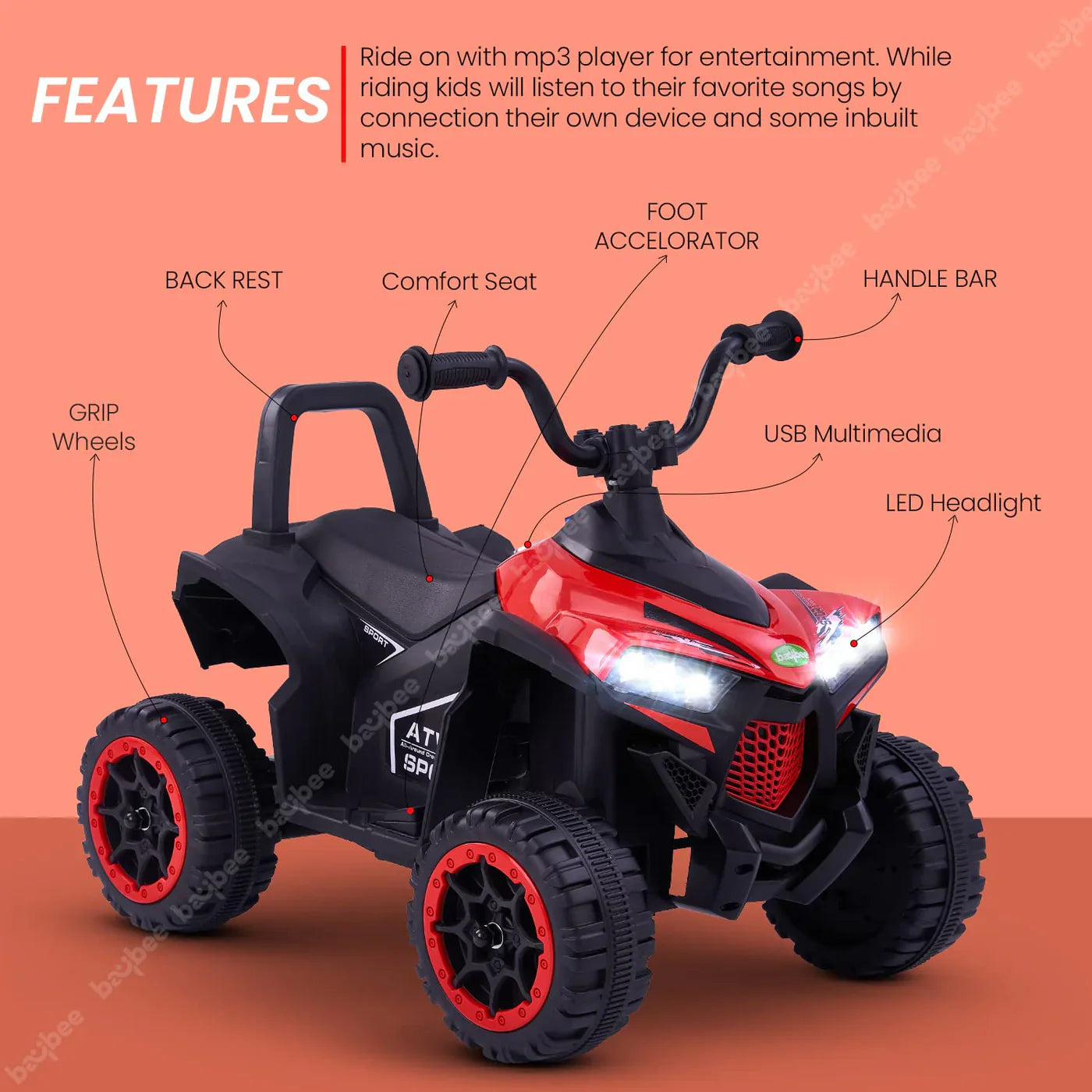 Monster ATV Rechargeable Battery Operated Electric Kids Bike  (RED)